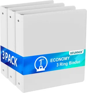 1'' Economy 3-Ring Binders, 1 Inch Round Rings, US Letter Size 8.5'' x 11'', 200 Sheets Capacity, ClearVue Presentation View, Non-Stick, White (3)
