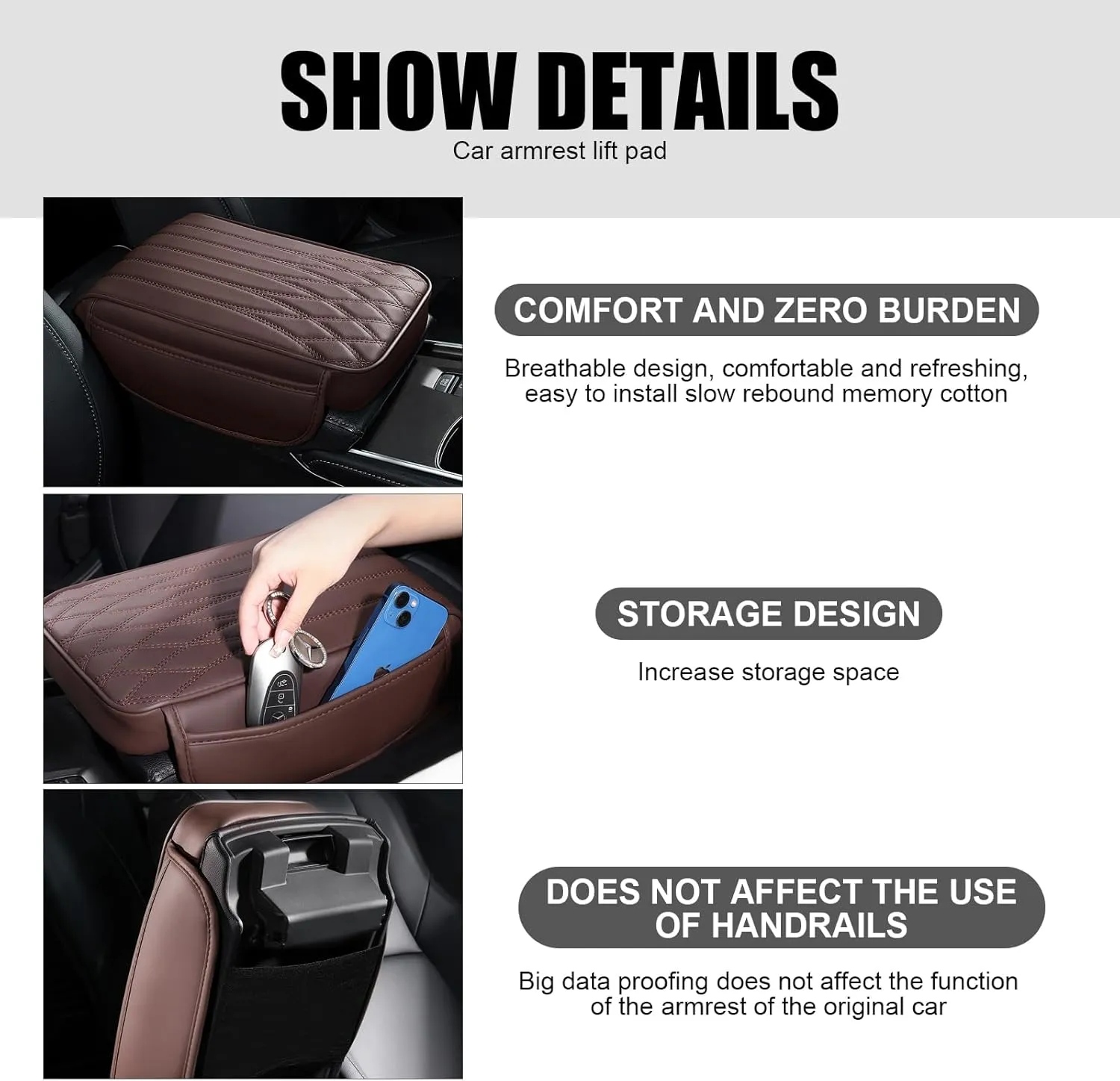 1 PC Car Armrest Box Heightening Pad with Storage Pockets on Both Sides, 12.59" X 8.66" X 1.96" Scratch-Resistant PU Leather   Six-Second Rebound Memory Foam Protective Cover (Black)