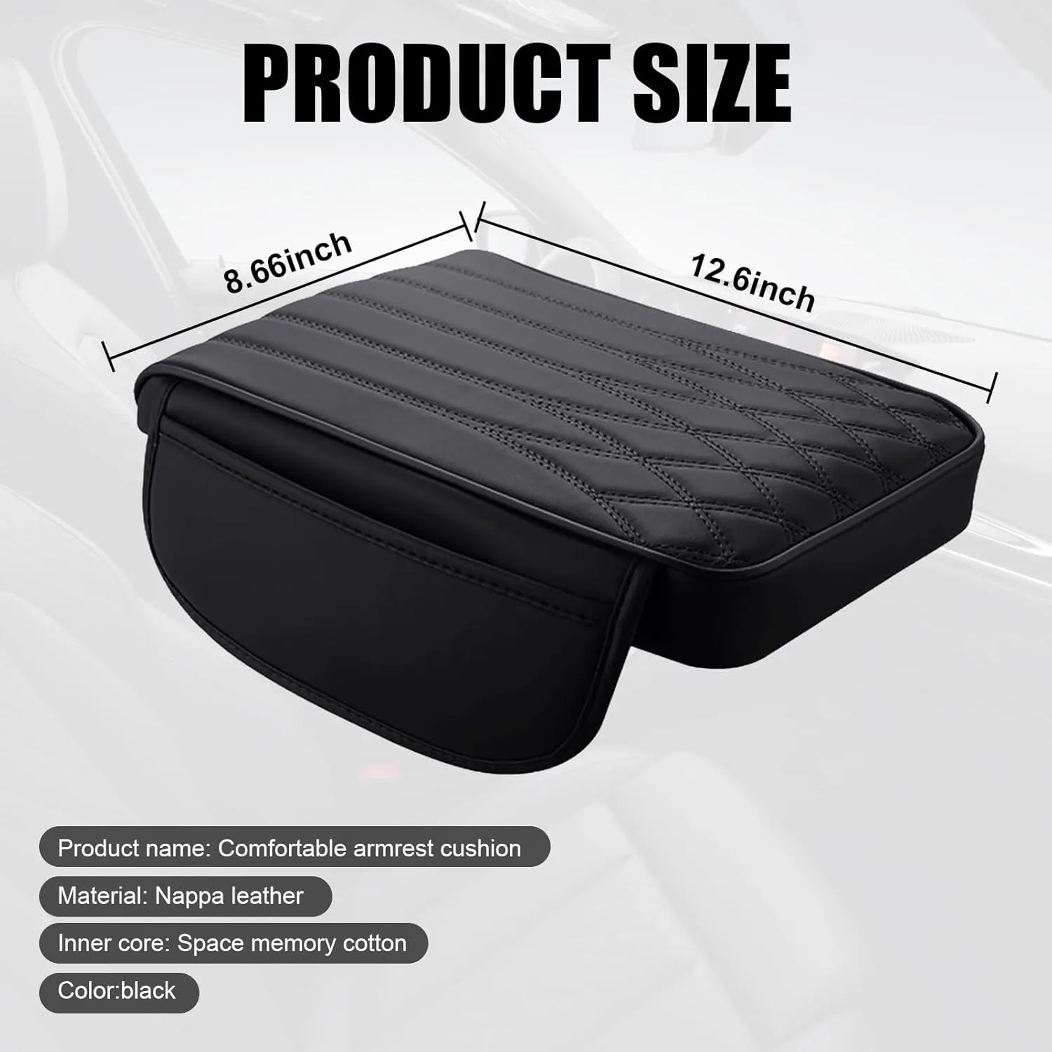 1 PC Car Armrest Box Heightening Pad with Storage Pockets on Both Sides, 12.59" X 8.66" X 1.96" Scratch-Resistant PU Leather   Six-Second Rebound Memory Foam Protective Cover (Black)