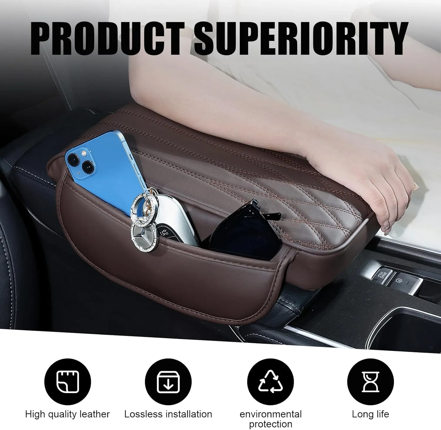 1 PC Car Armrest Box Heightening Pad with Storage Pockets on Both Sides, 12.59" X 8.66" X 1.96" Scratch-Resistant PU Leather   Six-Second Rebound Memory Foam Protective Cover (Black)