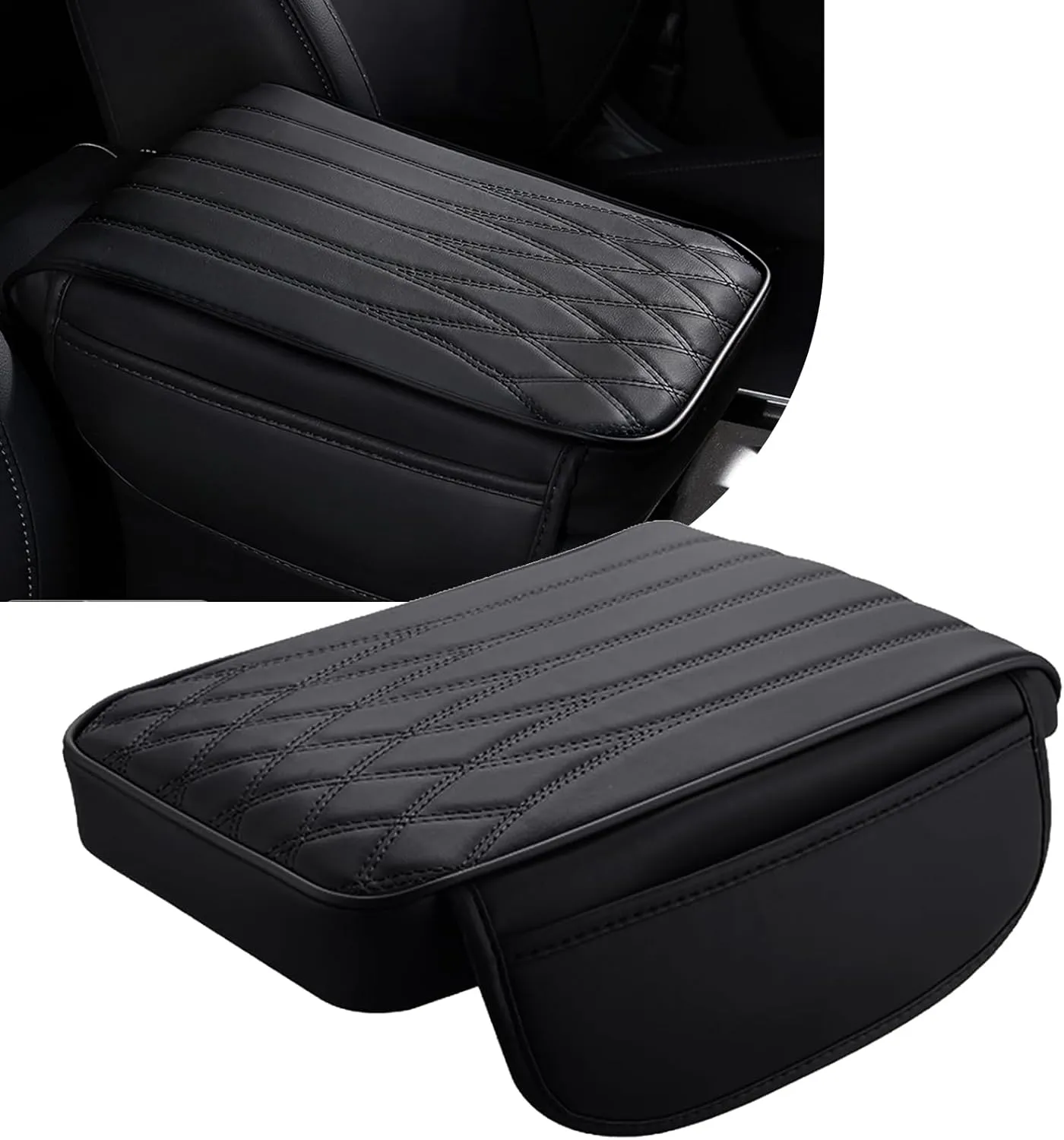 1 PC Car Armrest Box Heightening Pad with Storage Pockets on Both Sides, 12.59" X 8.66" X 1.96" Scratch-Resistant PU Leather   Six-Second Rebound Memory Foam Protective Cover (Black)