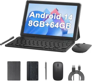 10 inch Tablet Android 14 Tablets 2 in 1 With Keyboard Case Mouse Stylus Android Tableta 8GB 64GB Support 1TB Expansion, 10.1" IPS HD Screen 2MP 8MP Dual Camera WiFi-6 Bluetooth 6000mAh Battery Tab.