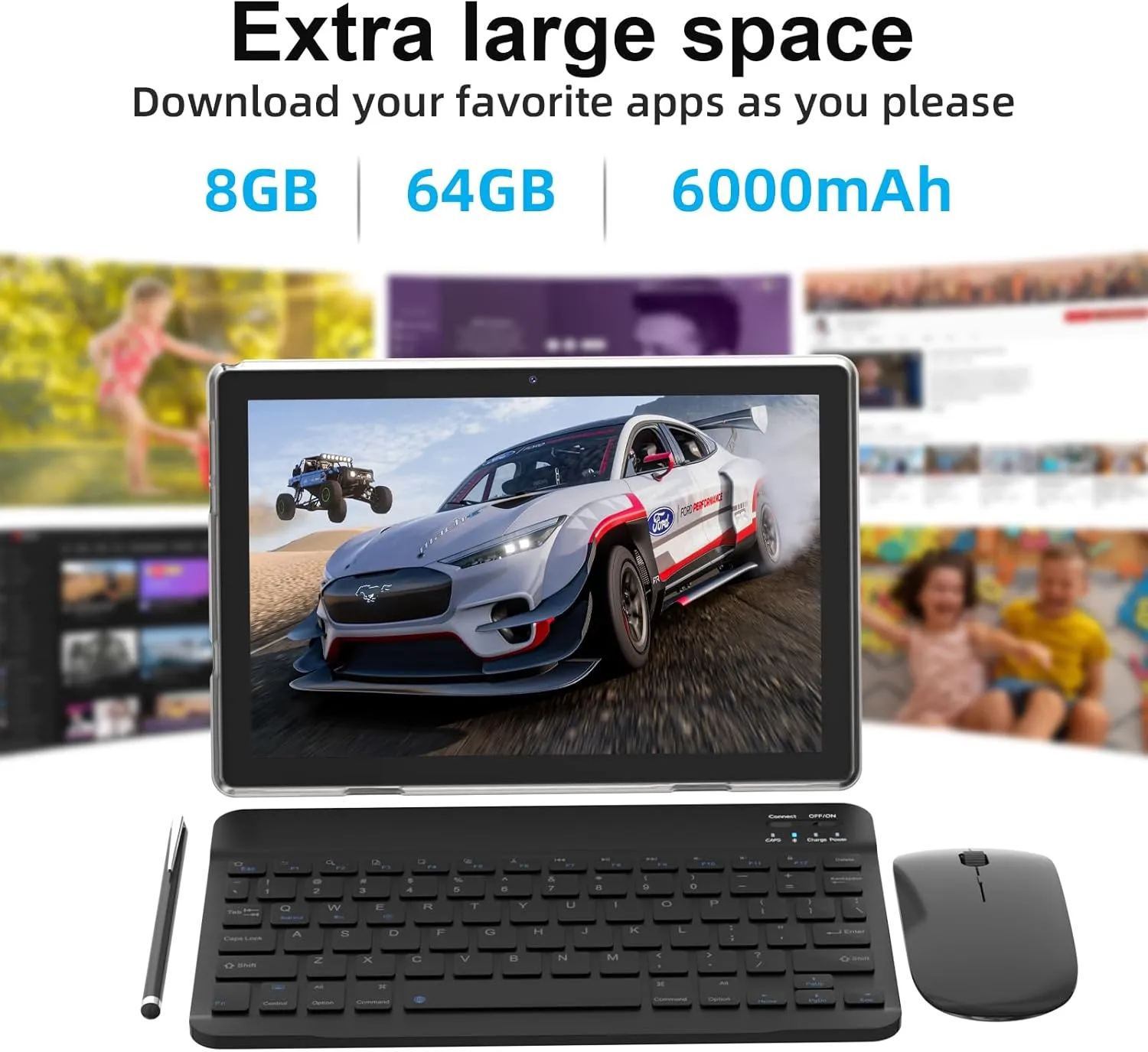 10 inch Tablet Android 14 Tablets 2 in 1 With Keyboard Case Mouse Stylus Android Tableta 8GB 64GB Support 1TB Expansion, 10.1" IPS HD Screen 2MP 8MP Dual Camera WiFi-6 Bluetooth 6000mAh Battery Tab.