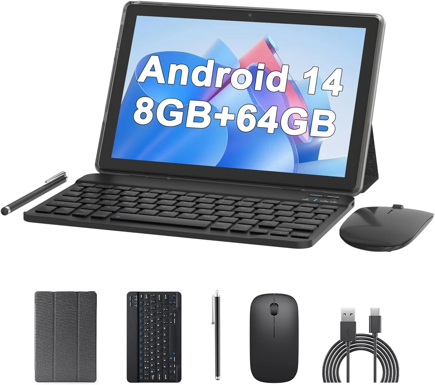 10 inch Tablet Android 14 Tablets 2 in 1 With Keyboard Case Mouse Stylus Android Tableta 8GB 64GB Support 1TB Expansion, 10.1" IPS HD Screen 2MP 8MP Dual Camera WiFi-6 Bluetooth 6000mAh Battery Tab.