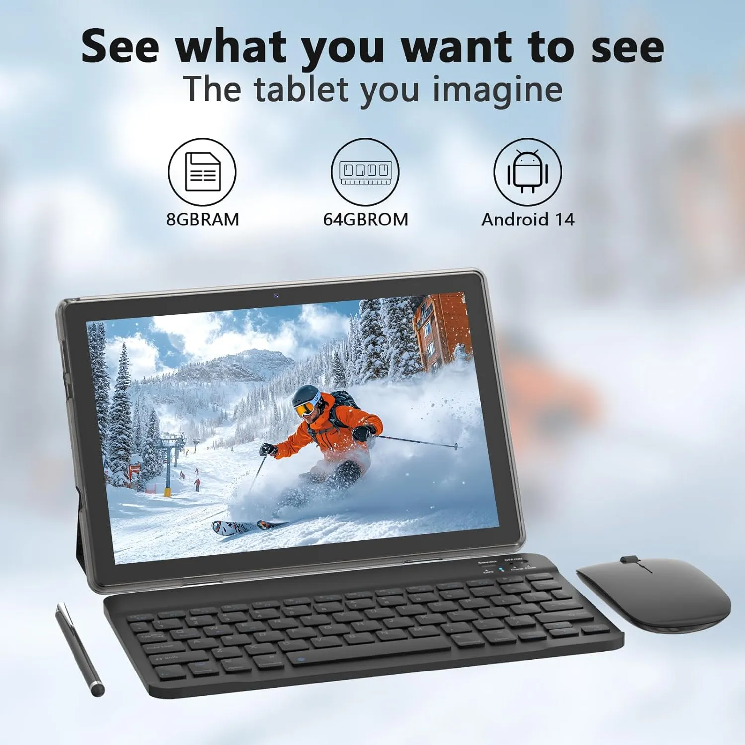 10 inch Tablet Android 14 Tablets 2 in 1 With Keyboard Case Mouse Stylus Android Tableta 8GB 64GB Support 1TB Expansion, 10.1" IPS HD Screen 2MP 8MP Dual Camera WiFi-6 Bluetooth 6000mAh Battery Tab.