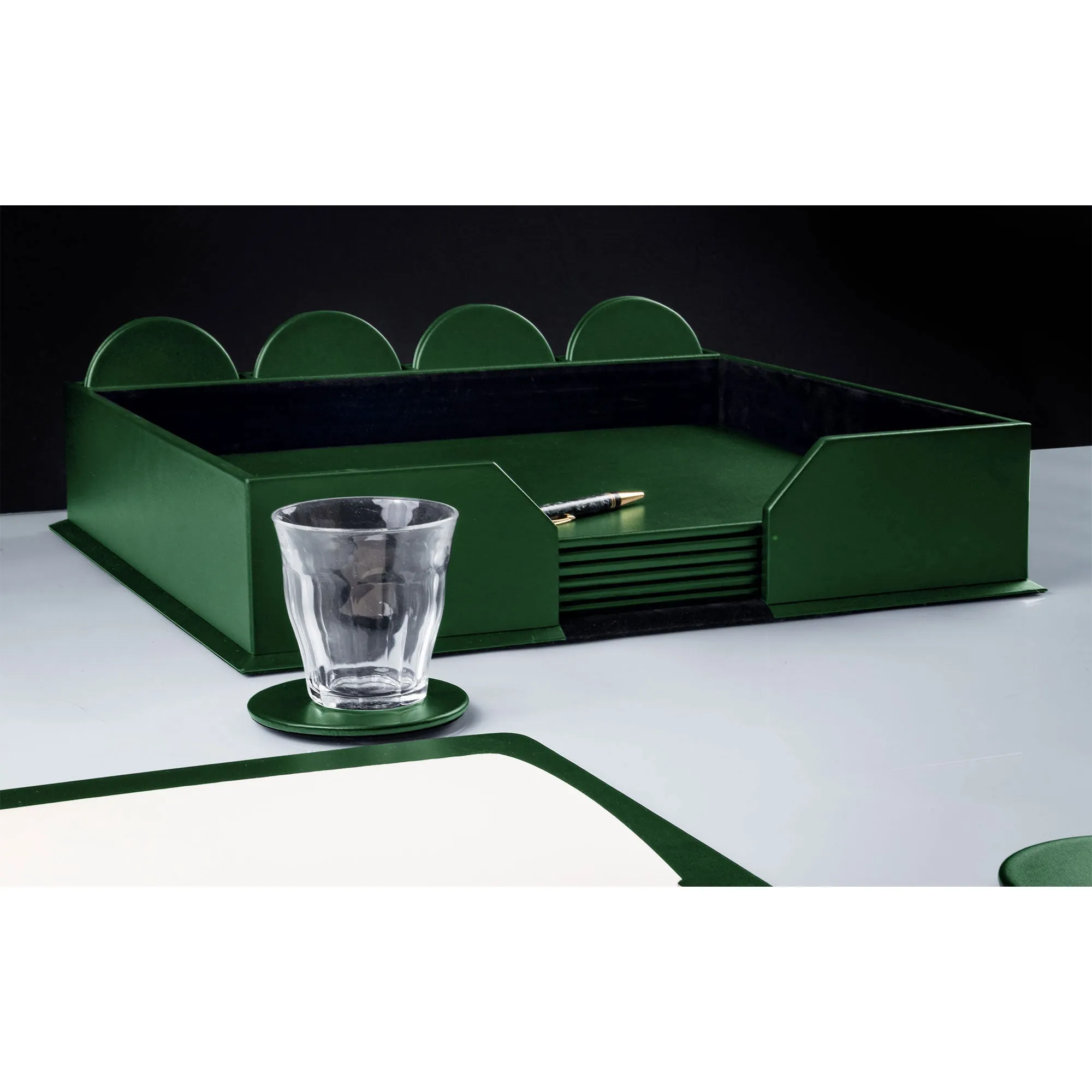 10 Seat Dark Green Leather Conference Room Set w/ Round Coasters