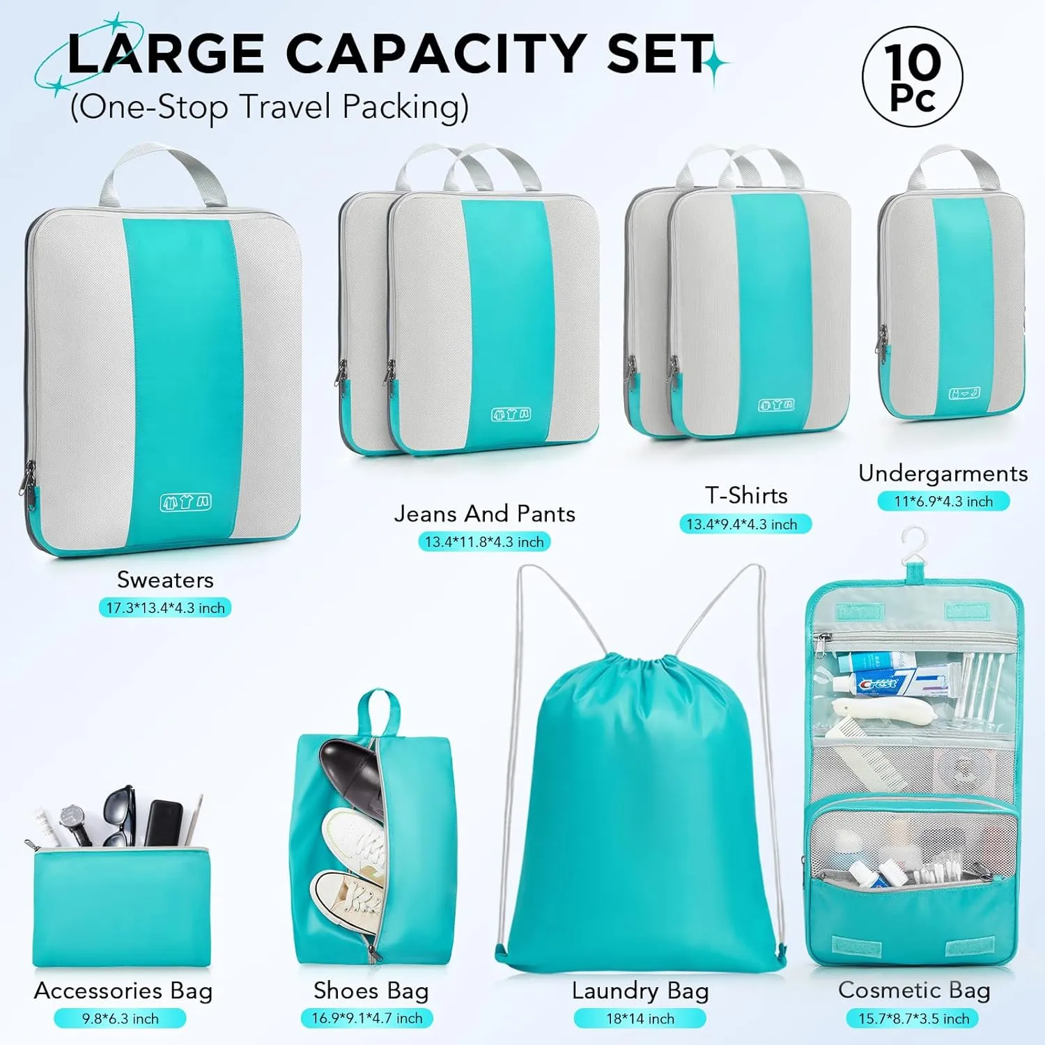 10 Set Compression Packing Cubes for Travel Essentials,Compressible Expandable Packing Cubes for Suitcase,OlarHike Luggage Organizer Bags for Travel,Handy Helper for Organizing Clothes(Cyan)