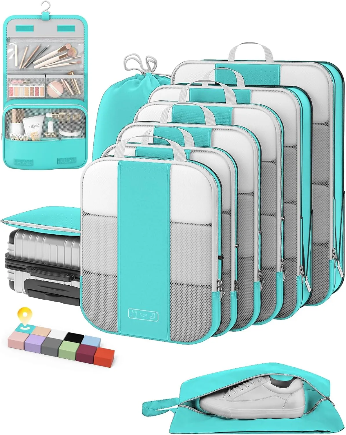 10 Set Compression Packing Cubes for Travel Essentials,Compressible Expandable Packing Cubes for Suitcase,OlarHike Luggage Organizer Bags for Travel,Handy Helper for Organizing Clothes(Cyan)