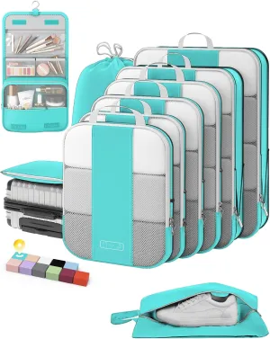 10 Set Compression Packing Cubes for Travel Essentials,Compressible Expandable Packing Cubes for Suitcase,OlarHike Luggage Organizer Bags for Travel,Handy Helper for Organizing Clothes(Cyan)