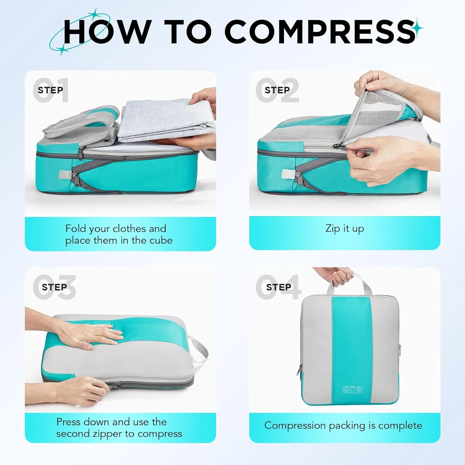 10 Set Compression Packing Cubes for Travel Essentials,Compressible Expandable Packing Cubes for Suitcase,OlarHike Luggage Organizer Bags for Travel,Handy Helper for Organizing Clothes(Cyan)