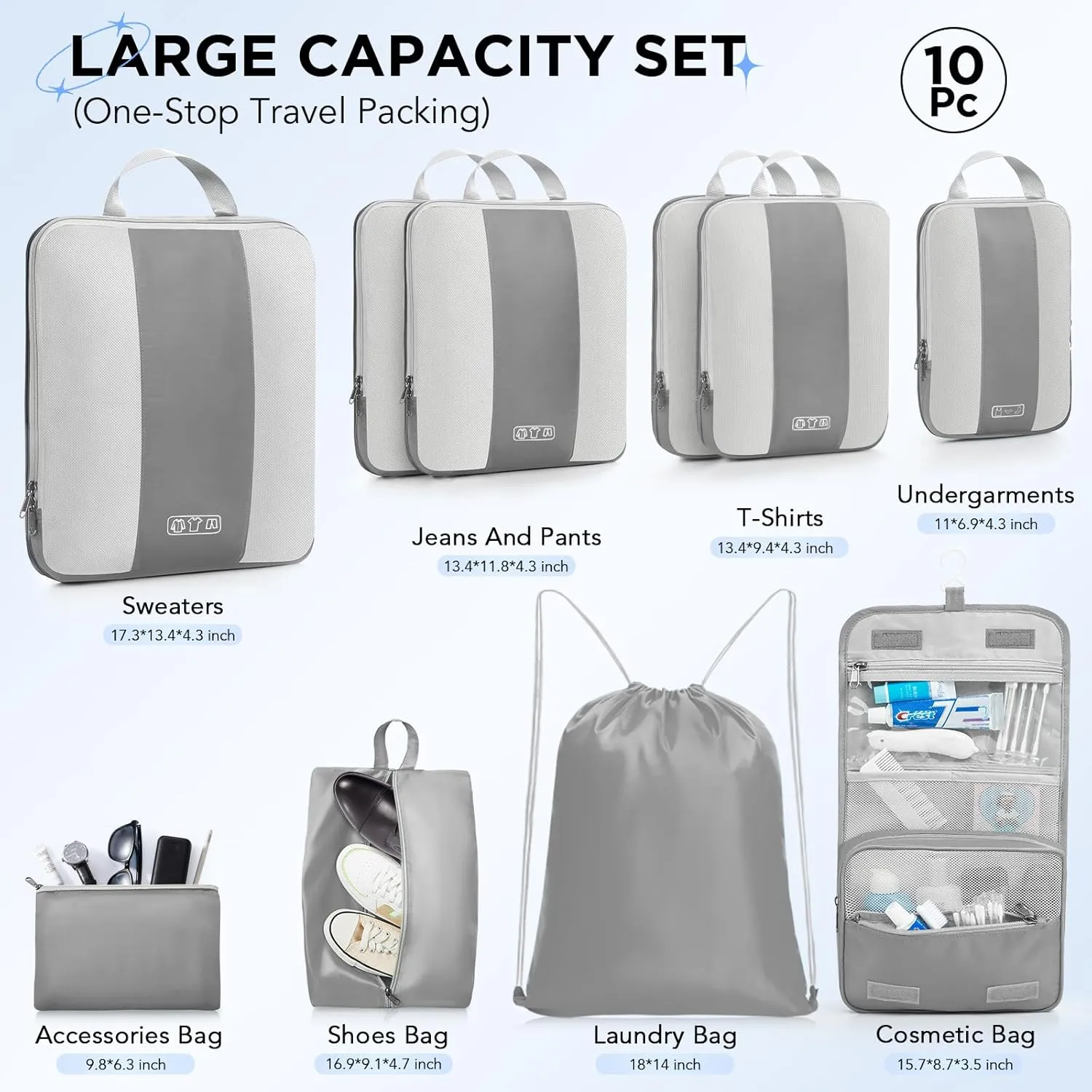 10 Set Compression Packing Cubes for Travel Essentials,Compressible Expandable Packing Cubes for Suitcase,OlarHike Luggage Organizer Bags for Travel,Handy Helper for Organizing Clothes(Grey)