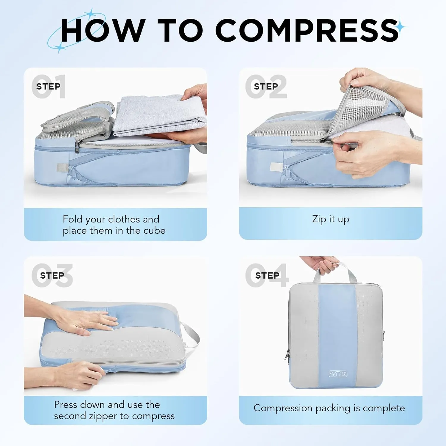 10 Set Compression Packing Cubes for Travel Essentials,Compressible Expandable Packing Cubes for Suitcase,OlarHike Luggage Organizer Bags for Travel,Handy Helper for Organizing Clothes(Light Blue)