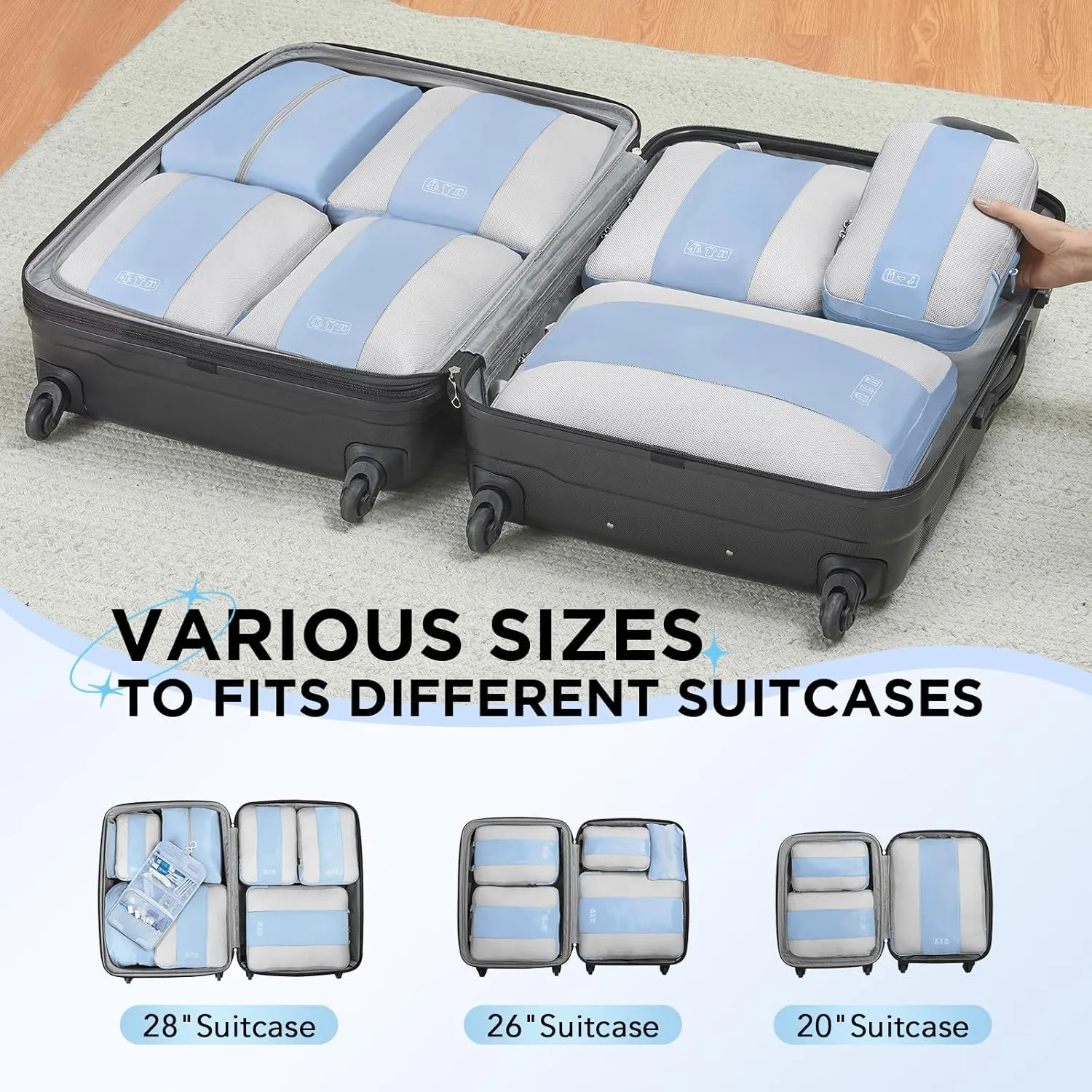 10 Set Compression Packing Cubes for Travel Essentials,Compressible Expandable Packing Cubes for Suitcase,OlarHike Luggage Organizer Bags for Travel,Handy Helper for Organizing Clothes(Light Blue)