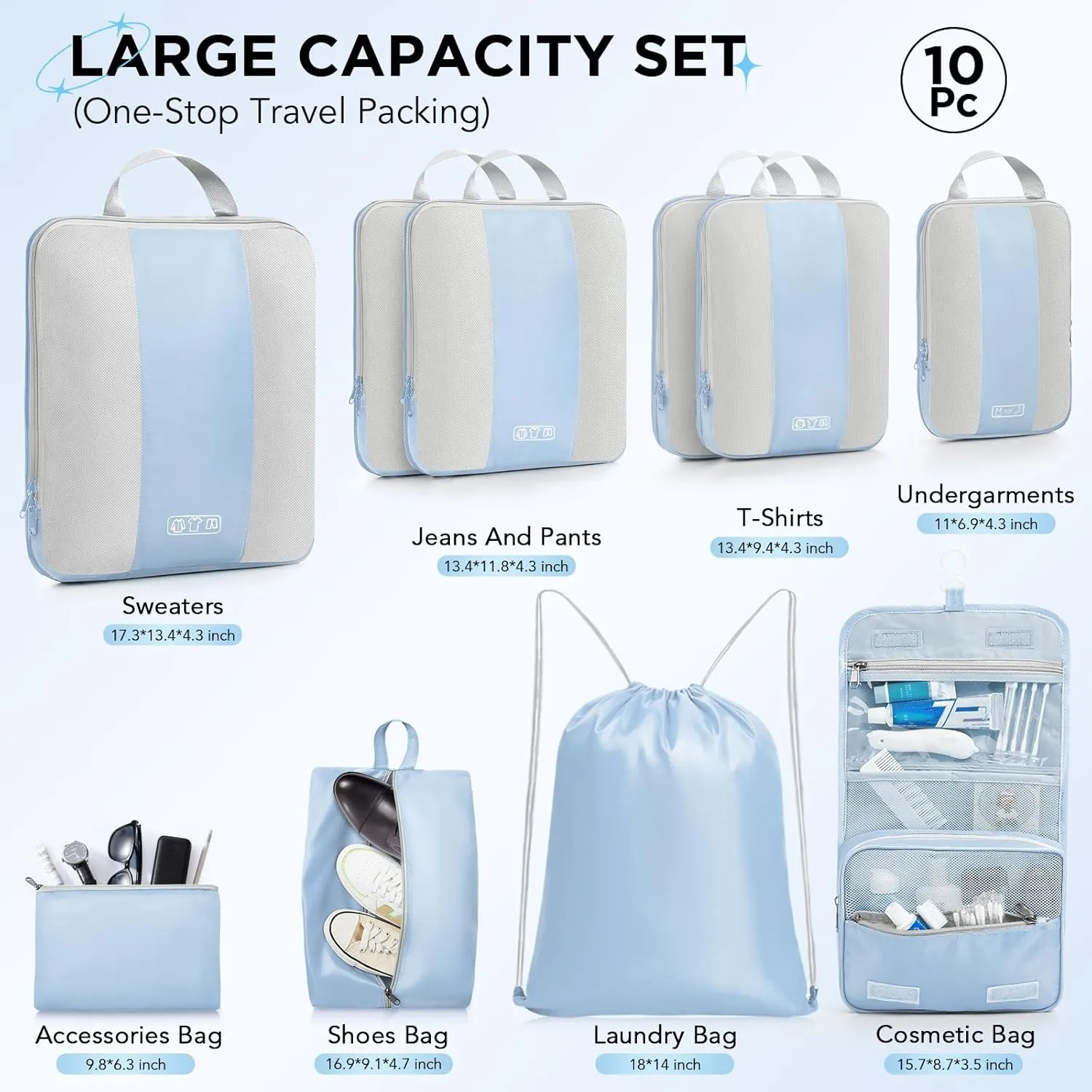 10 Set Compression Packing Cubes for Travel Essentials,Compressible Expandable Packing Cubes for Suitcase,OlarHike Luggage Organizer Bags for Travel,Handy Helper for Organizing Clothes(Light Blue)