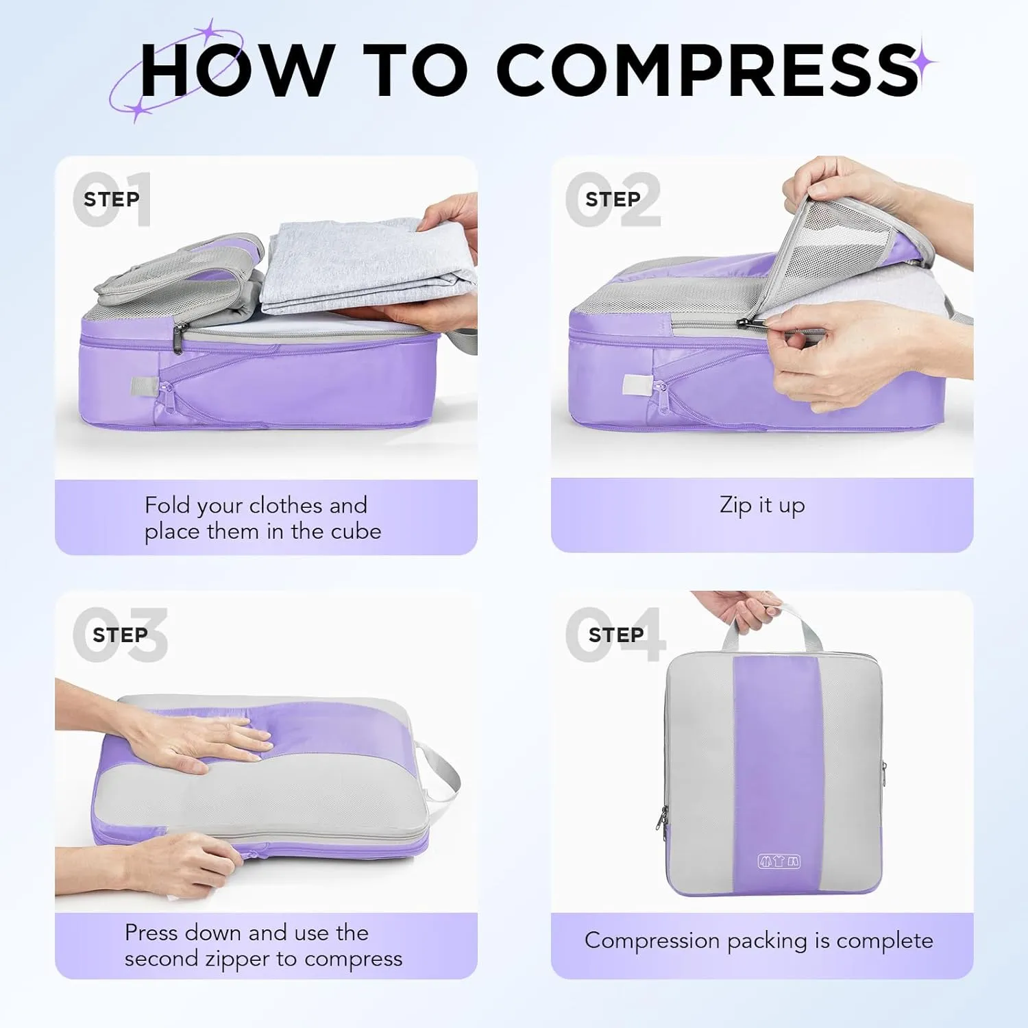 10 Set Compression Packing Cubes for Travel Essentials,Compressible Expandable Packing Cubes for Suitcase,OlarHike Luggage Organizer Bags for Travel,Handy Helper for Organizing Clothes(Light Purple)