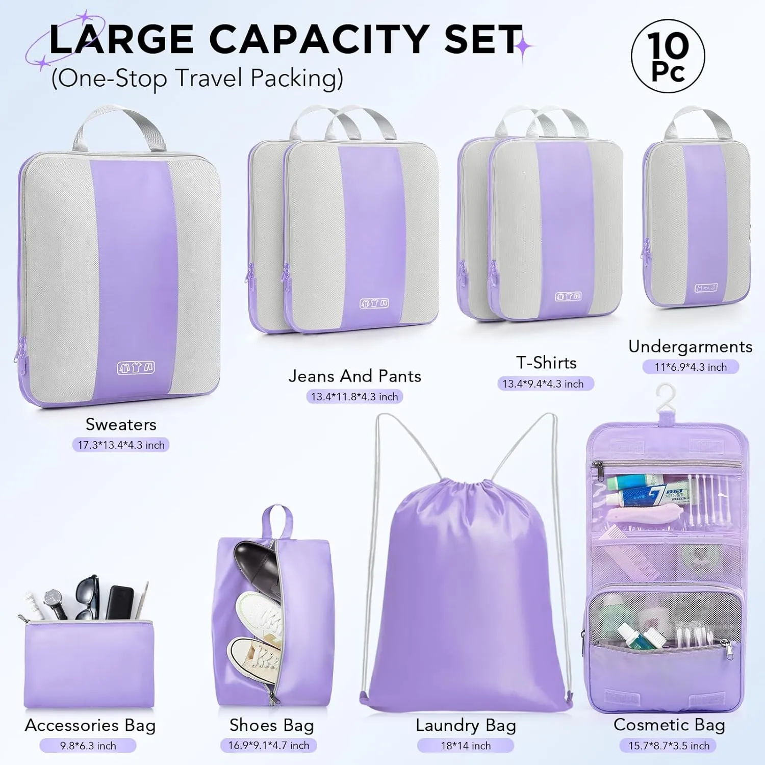 10 Set Compression Packing Cubes for Travel Essentials,Compressible Expandable Packing Cubes for Suitcase,OlarHike Luggage Organizer Bags for Travel,Handy Helper for Organizing Clothes(Light Purple)