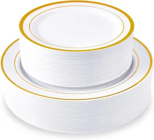 100 Piece Disposable Gold Plastic Party Plates, Including 50 10 Inch Dinner Plates and 50 7 Inch for Dessert, Great for Parties, Weddings, Home Use, and Christmas