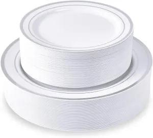 100 Piece Disposable Silver Plastic Party Plates, Including 50 10 Inch Dinner Plates and 50 7 Inch for Dessert, Great for Parties, Weddings, Home Use, and Christmas