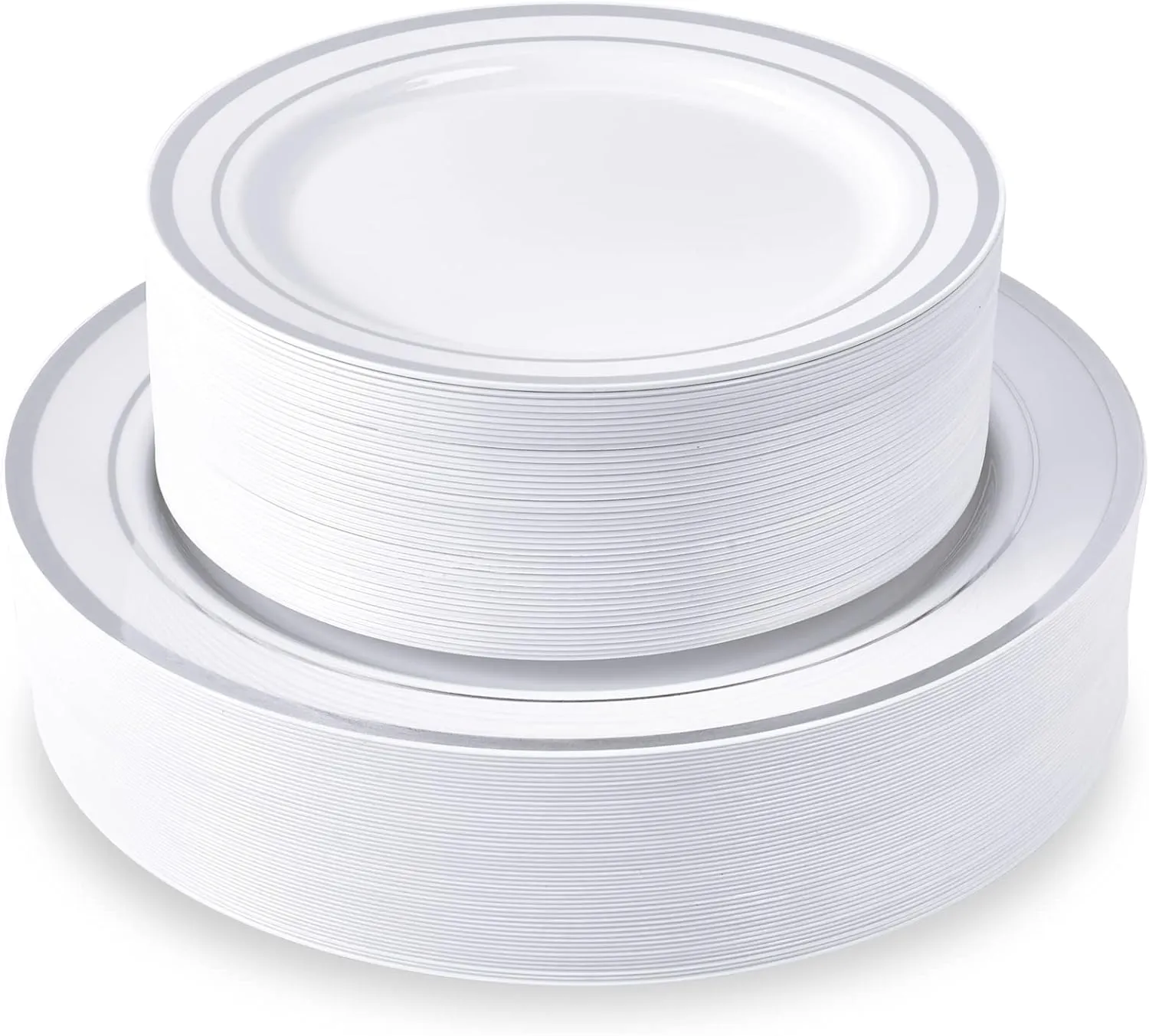 100 Piece Disposable Silver Plastic Party Plates, Including 50 10 Inch Dinner Plates and 50 7 Inch for Dessert, Great for Parties, Weddings, Home Use, and Christmas