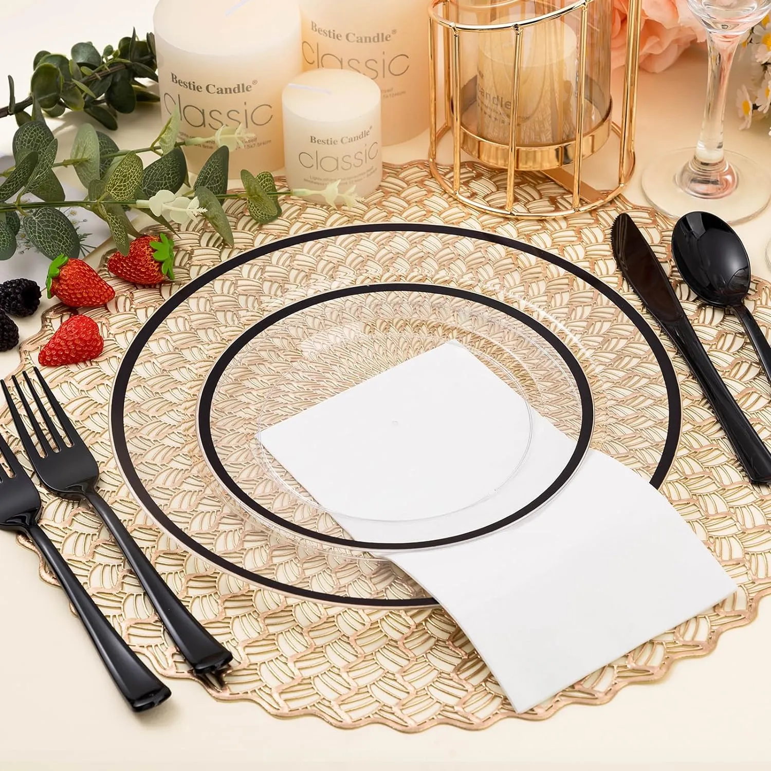 100PCS Black and Clear Plastic Plates, Black Disposable Plate Set with 50 Dinner Plates and 50 Dessert Plates for Party, Halloween, New year