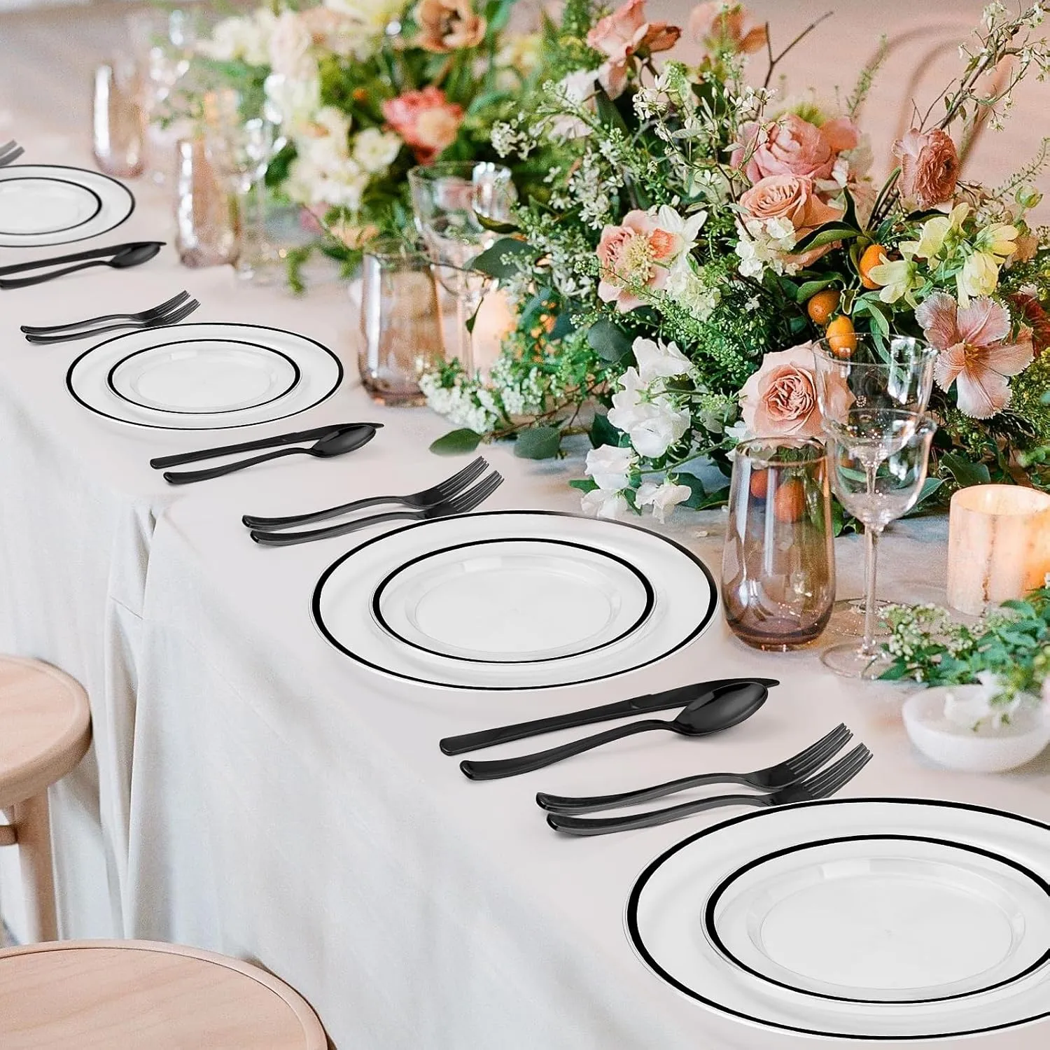 100PCS Black and Clear Plastic Plates, Black Disposable Plate Set with 50 Dinner Plates and 50 Dessert Plates for Party, Halloween, New year