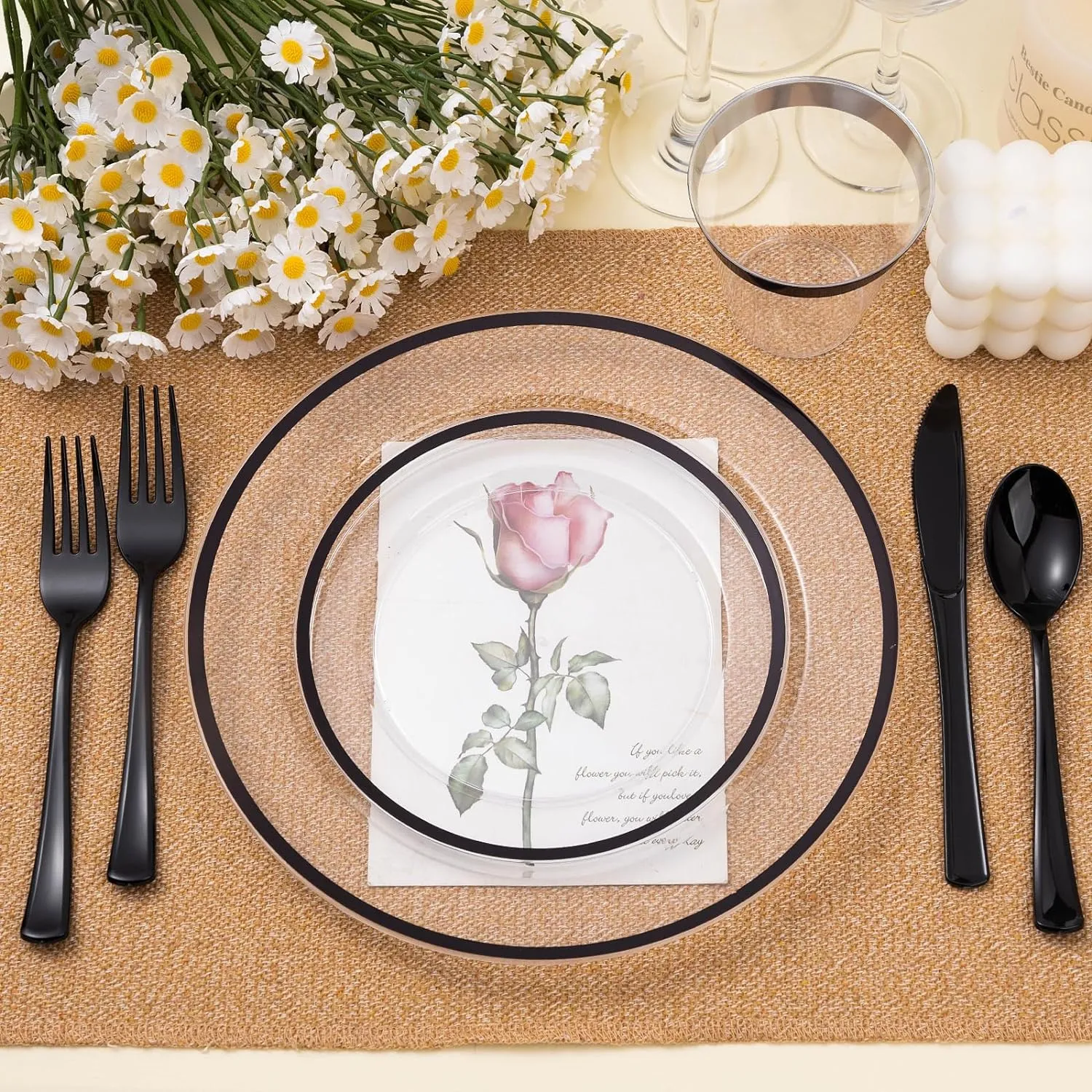 100PCS Black and Clear Plastic Plates, Black Disposable Plate Set with 50 Dinner Plates and 50 Dessert Plates for Party, Halloween, New year