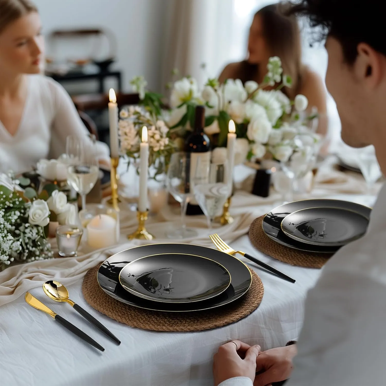 100PCS Black Plastic Plates with Gold Rim, Black Gold Disposable Plates for Party, Graduation and Wedding, Include 50 Dinner Plates, 50 Dessert Plates for 50 Guests