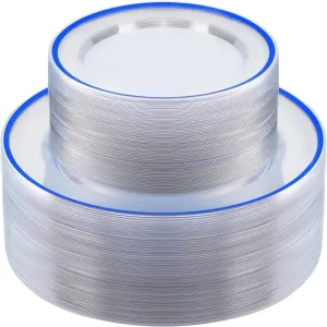 100PCS Blue and Clear Plastic Plates, Disposable Plate Set with 50 Dinner Plates and 50 Dessert Plates for Party, National Day, Memorial Day