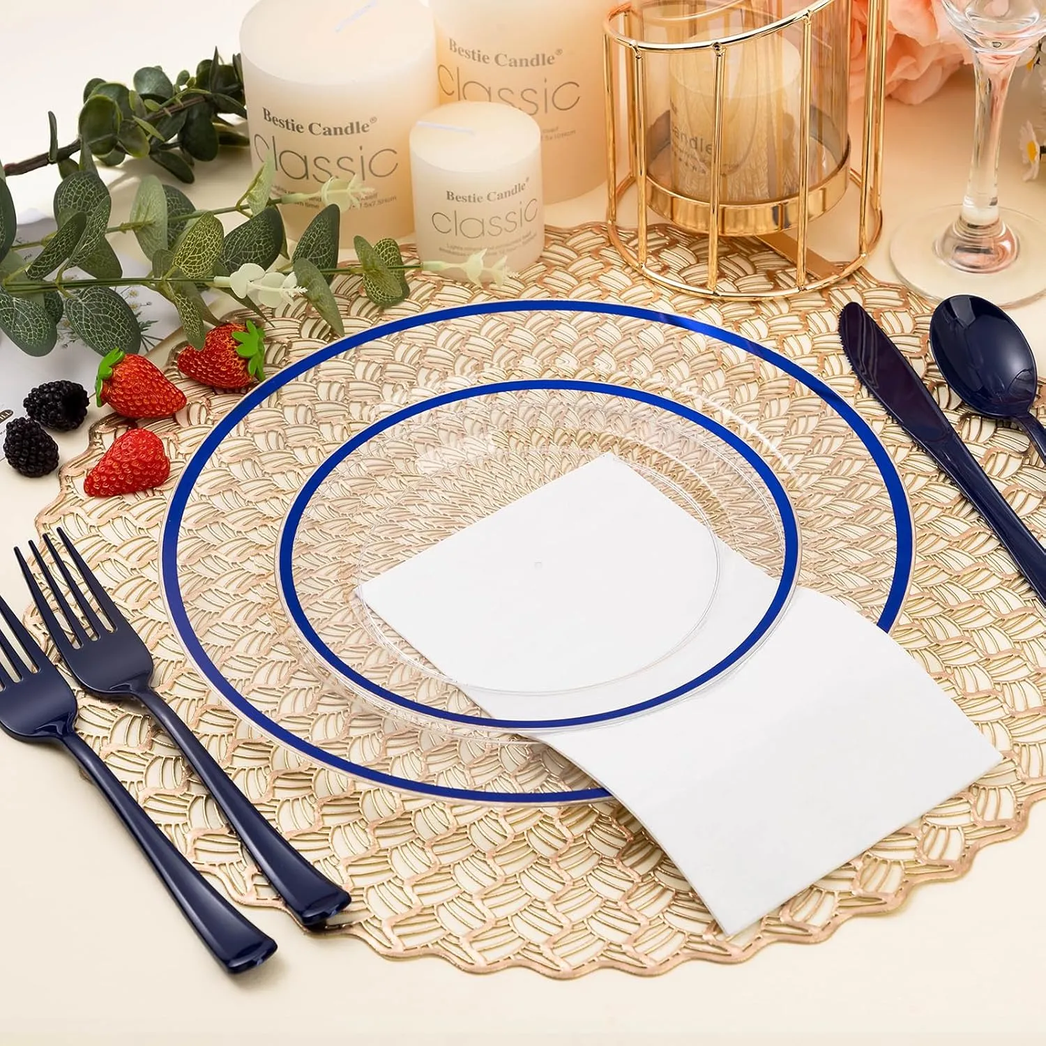 100PCS Blue and Clear Plastic Plates, Disposable Plate Set with 50 Dinner Plates and 50 Dessert Plates for Party, National Day, Memorial Day