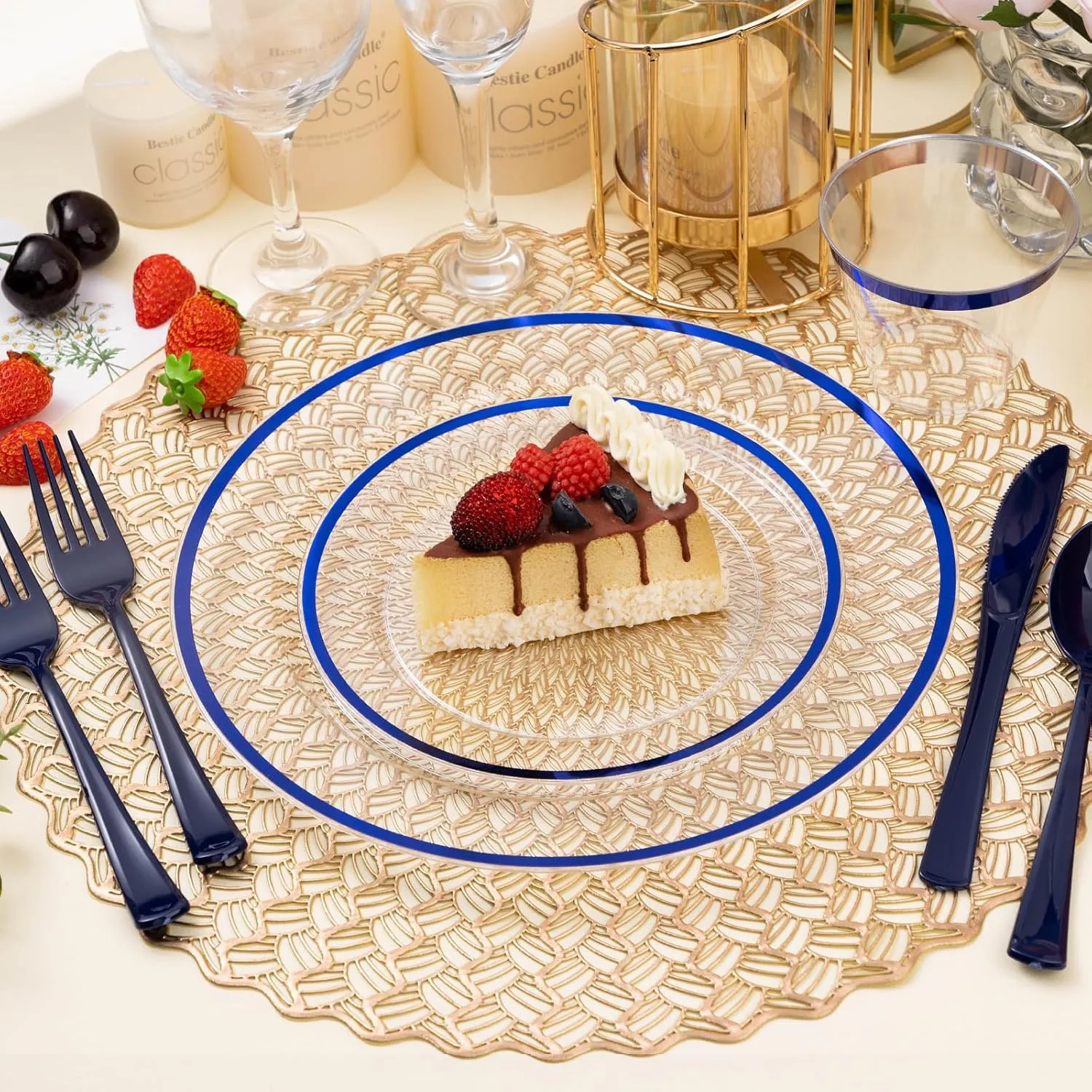 100PCS Blue and Clear Plastic Plates, Disposable Plate Set with 50 Dinner Plates and 50 Dessert Plates for Party, National Day, Memorial Day