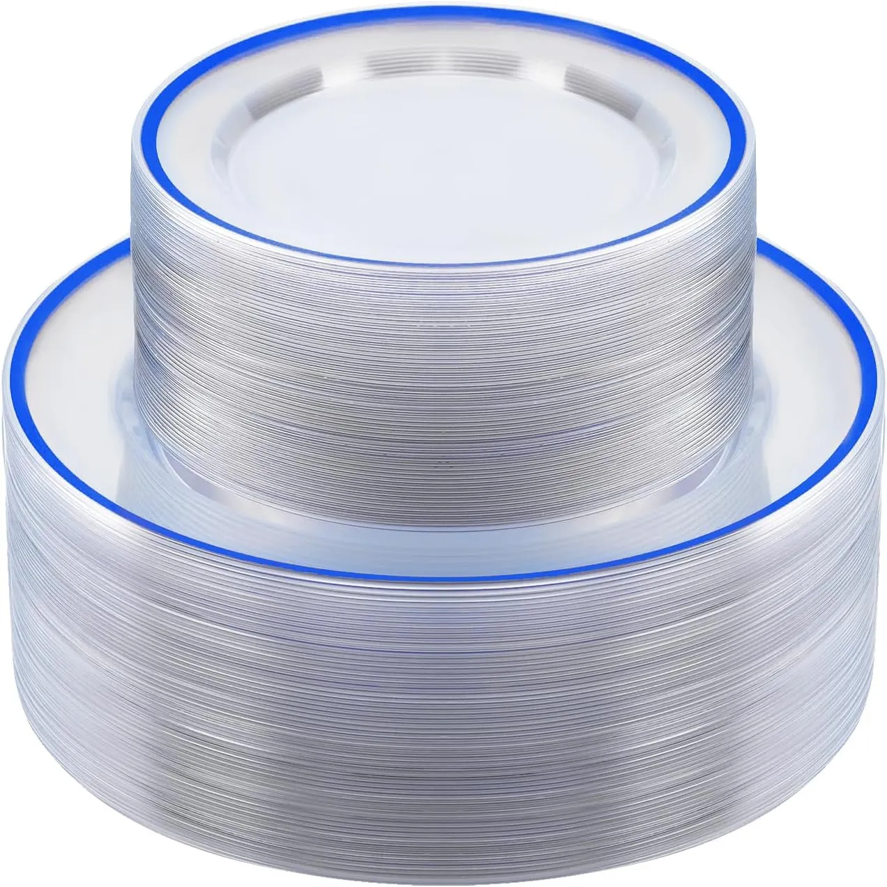 100PCS Blue and Clear Plastic Plates, Disposable Plate Set with 50 Dinner Plates and 50 Dessert Plates for Party, National Day, Memorial Day