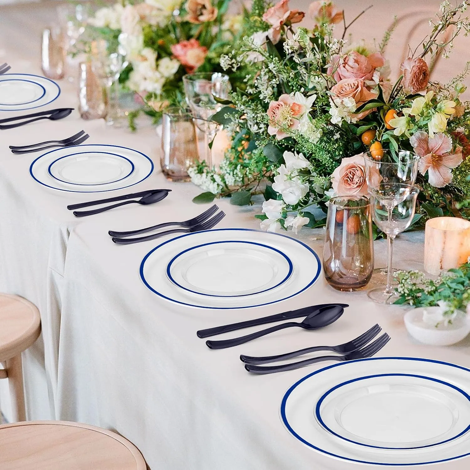 100PCS Blue and Clear Plastic Plates, Disposable Plate Set with 50 Dinner Plates and 50 Dessert Plates for Party, National Day, Memorial Day