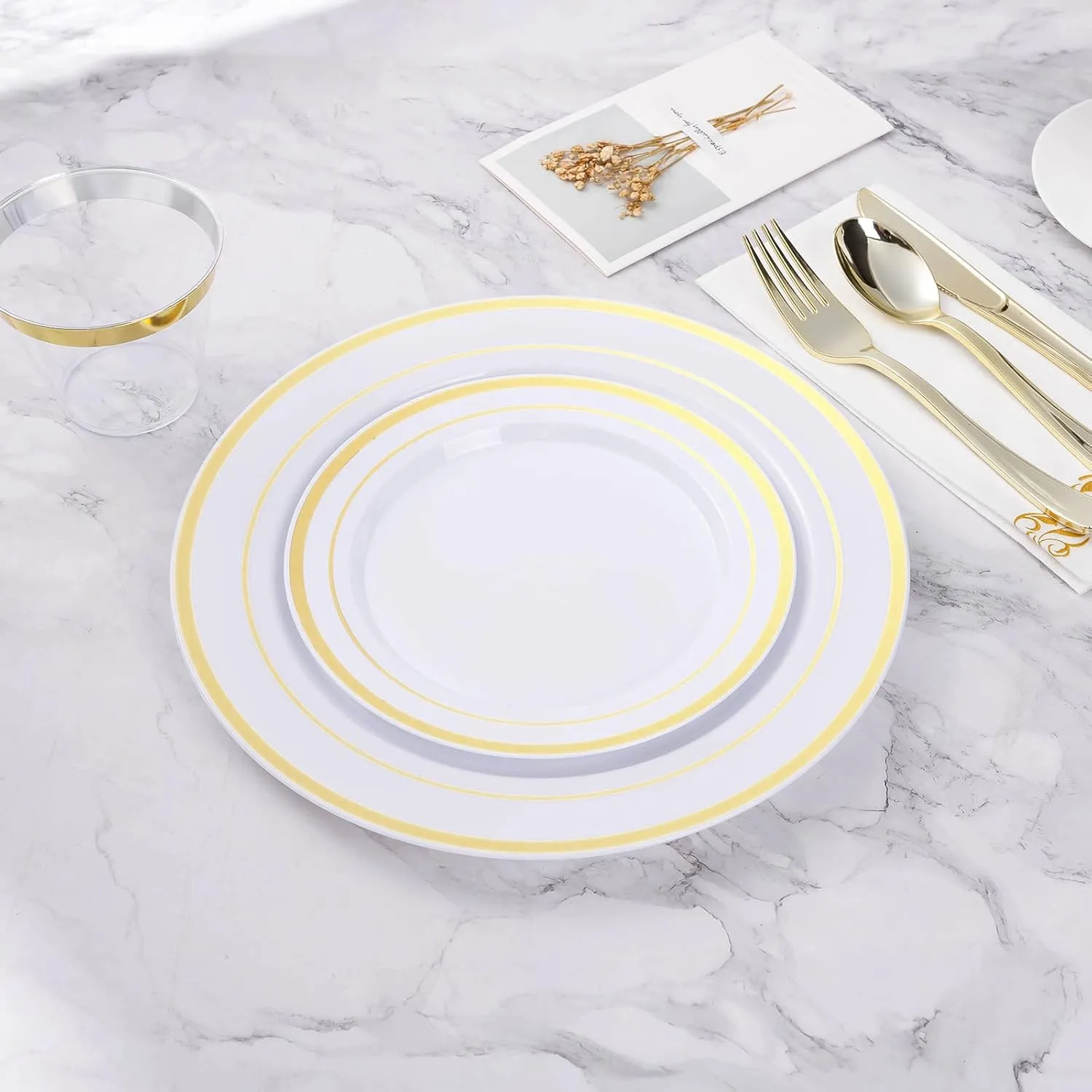 100PCS Gold Plastic Plate, 10.25 Inch Disposable Dinner Plate Party with Gold Rim, Heavy Duty Disposable Plastic Plates for Party, Wedding and Birthday
