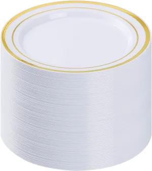 100PCS Gold Plastic Plate, 10.25 Inch Disposable Dinner Plate Party with Gold Rim, Heavy Duty Disposable Plastic Plates for Party, Wedding and Birthday