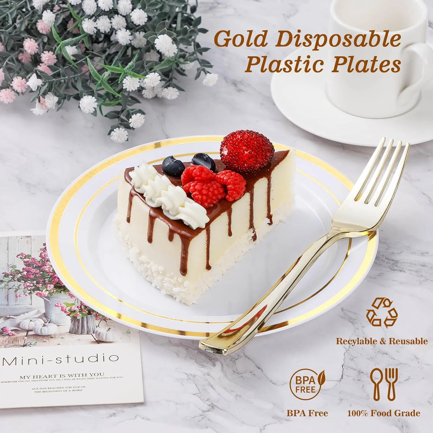100PCS Gold Plastic Plate, 10.25 Inch Disposable Dinner Plate Party with Gold Rim, Heavy Duty Disposable Plastic Plates for Party, Wedding and Birthday