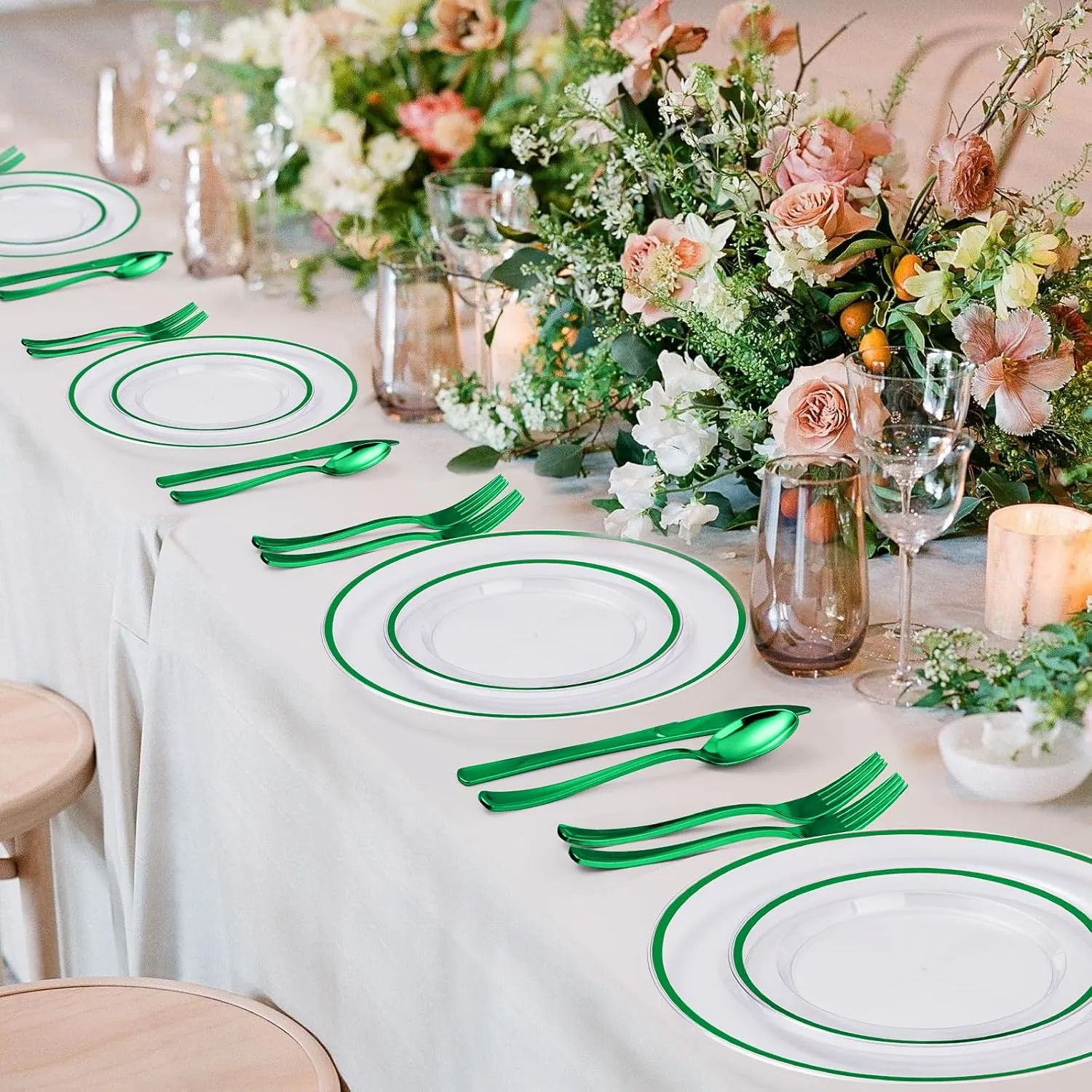 100PCS Green and Clear Plastic Plates, Green Disposable Plate Set with 50 Dinner Plates and 50 Dessert Plates for Party, St. Patrick's Day