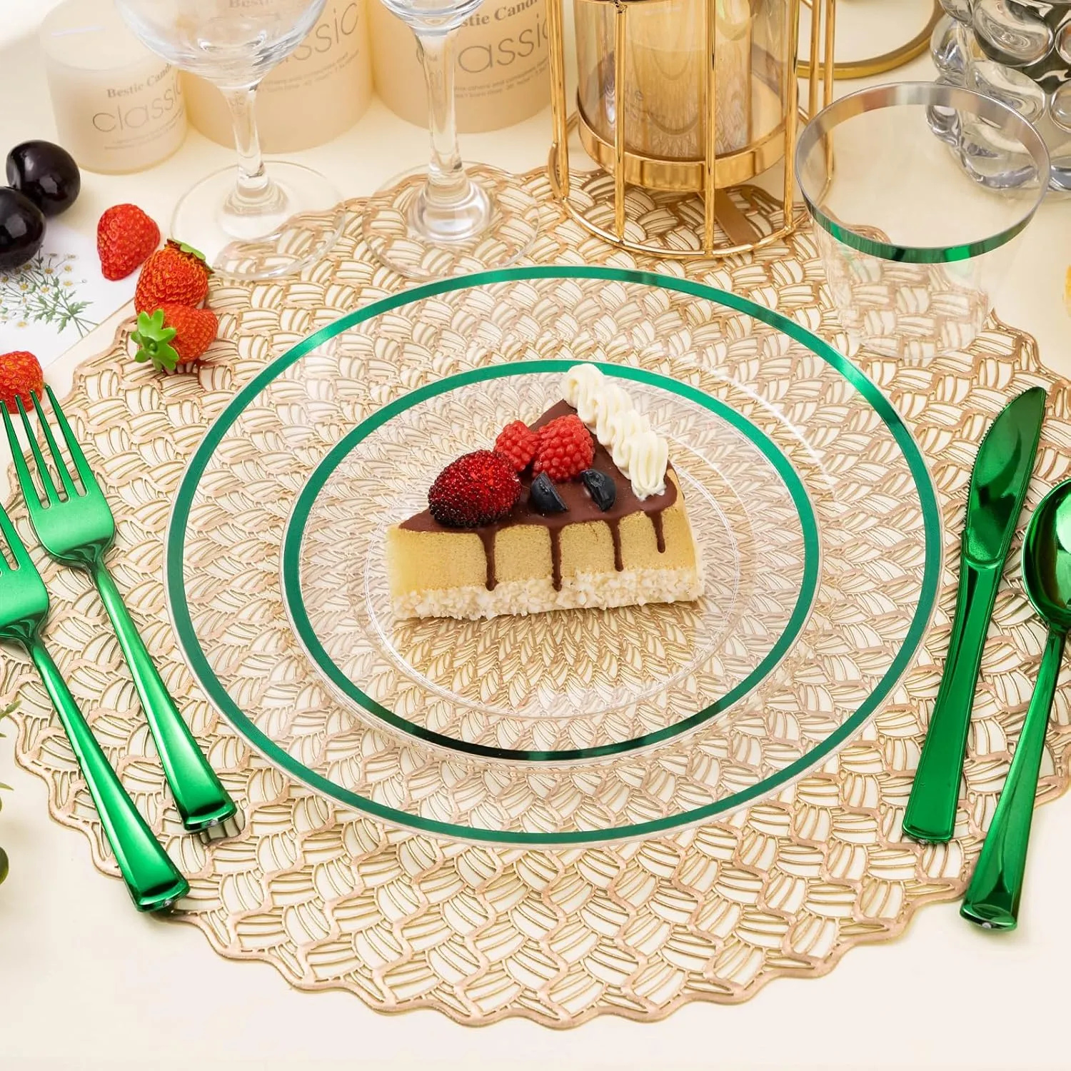 100PCS Green and Clear Plastic Plates, Green Disposable Plate Set with 50 Dinner Plates and 50 Dessert Plates for Party, St. Patrick's Day