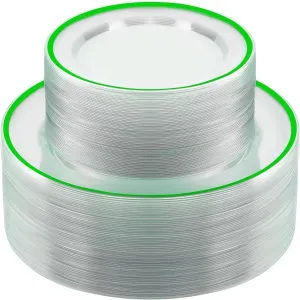 100PCS Green and Clear Plastic Plates, Green Disposable Plate Set with 50 Dinner Plates and 50 Dessert Plates for Party, St. Patrick's Day