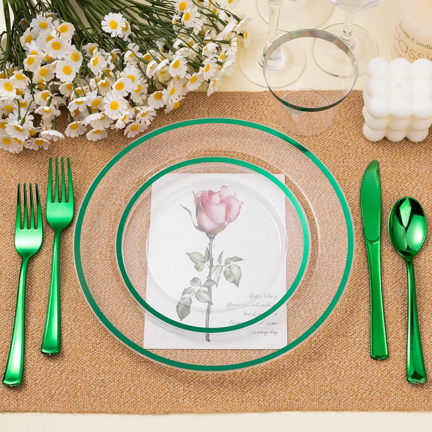 100PCS Green and Clear Plastic Plates, Green Disposable Plate Set with 50 Dinner Plates and 50 Dessert Plates for Party, St. Patrick's Day