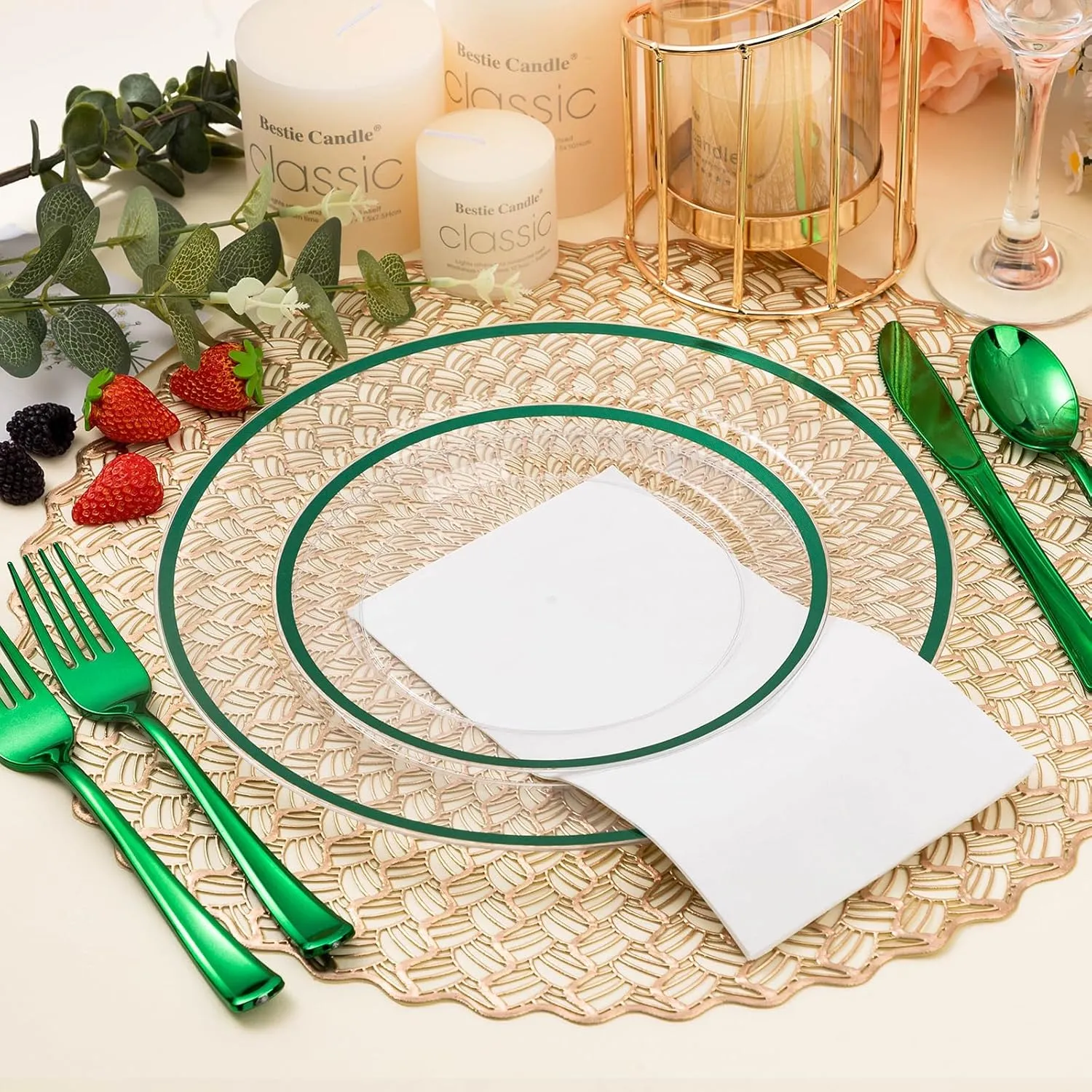 100PCS Green and Clear Plastic Plates, Green Disposable Plate Set with 50 Dinner Plates and 50 Dessert Plates for Party, St. Patrick's Day