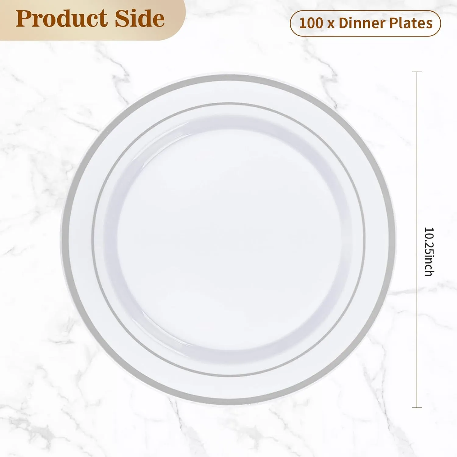 100PCS Silver Plastic Plate, 10.25 Inch Disposable Dinner Plate Party with Silver Rim, Heavy Duty Disposable Plastic Plates for Party, Wedding and Birthday