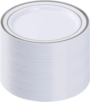 100PCS Silver Plastic Plate, 10.25 Inch Disposable Dinner Plate Party with Silver Rim, Heavy Duty Disposable Plastic Plates for Party, Wedding and Birthday