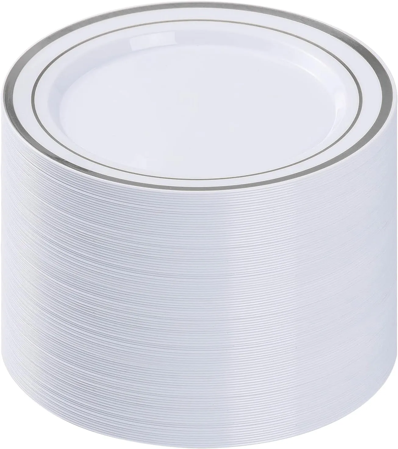 100PCS Silver Plastic Plate, 10.25 Inch Disposable Dinner Plate Party with Silver Rim, Heavy Duty Disposable Plastic Plates for Party, Wedding and Birthday
