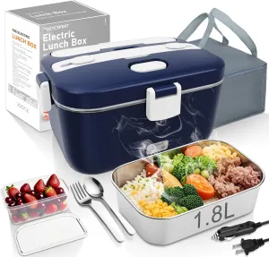 100W Electric Lunch Box Food Heated 12V 24V 110V Fast Food Warmer Heater for Car/Truck/Home Portable Food Heating Boxes with 1.8L 304 SS Container 0.45L Compartment(Royal Blue White)