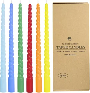 12 Inch Spiral Taper Candles, Smokeless Dripless Long Candles – Unscented Decorative Dinner Candles for Home, Wedding, Party, Table Decor, and Holiday Celebrations (6-Pack Assorted Colors B)