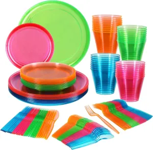 128 Piece Neon Party Supplies Set - Disposable & Heavy Duty,: 32 Main Course 9 inch Plate, 6 inch Dessert Plates, 9-ounce Tumblers, Cutlery, Glow in the Dark Great for Blacklight UV Parties