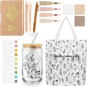 14 Pcs Inspirational Gifts for Women Friends Aesthetic A6 Leather Journal Notebook Glass Cup Canvas Tote Bag Motivational Pens thank you gifts for women empowerment gifts Bestie(White)