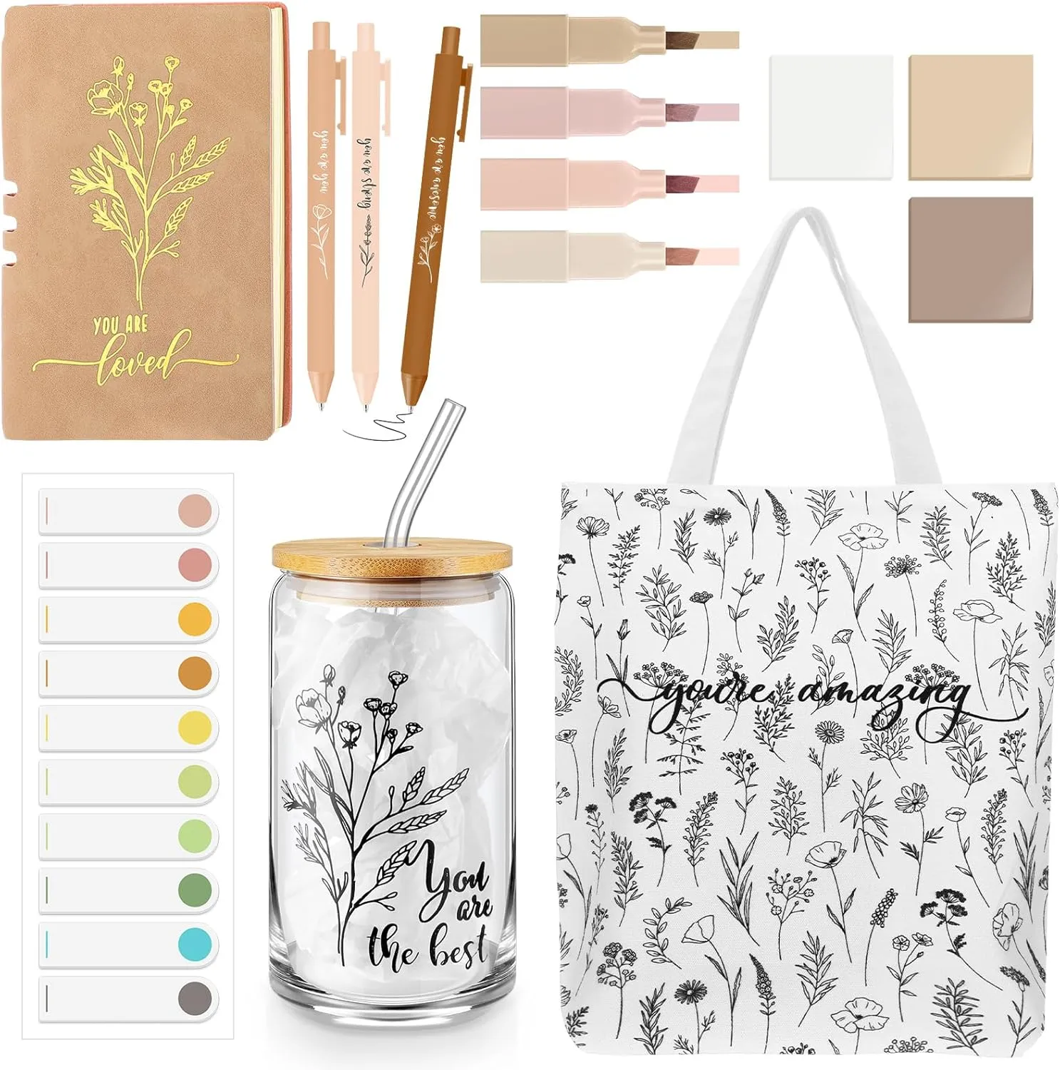 14 Pcs Inspirational Gifts for Women Friends Aesthetic A6 Leather Journal Notebook Glass Cup Canvas Tote Bag Motivational Pens thank you gifts for women empowerment gifts Bestie(White)