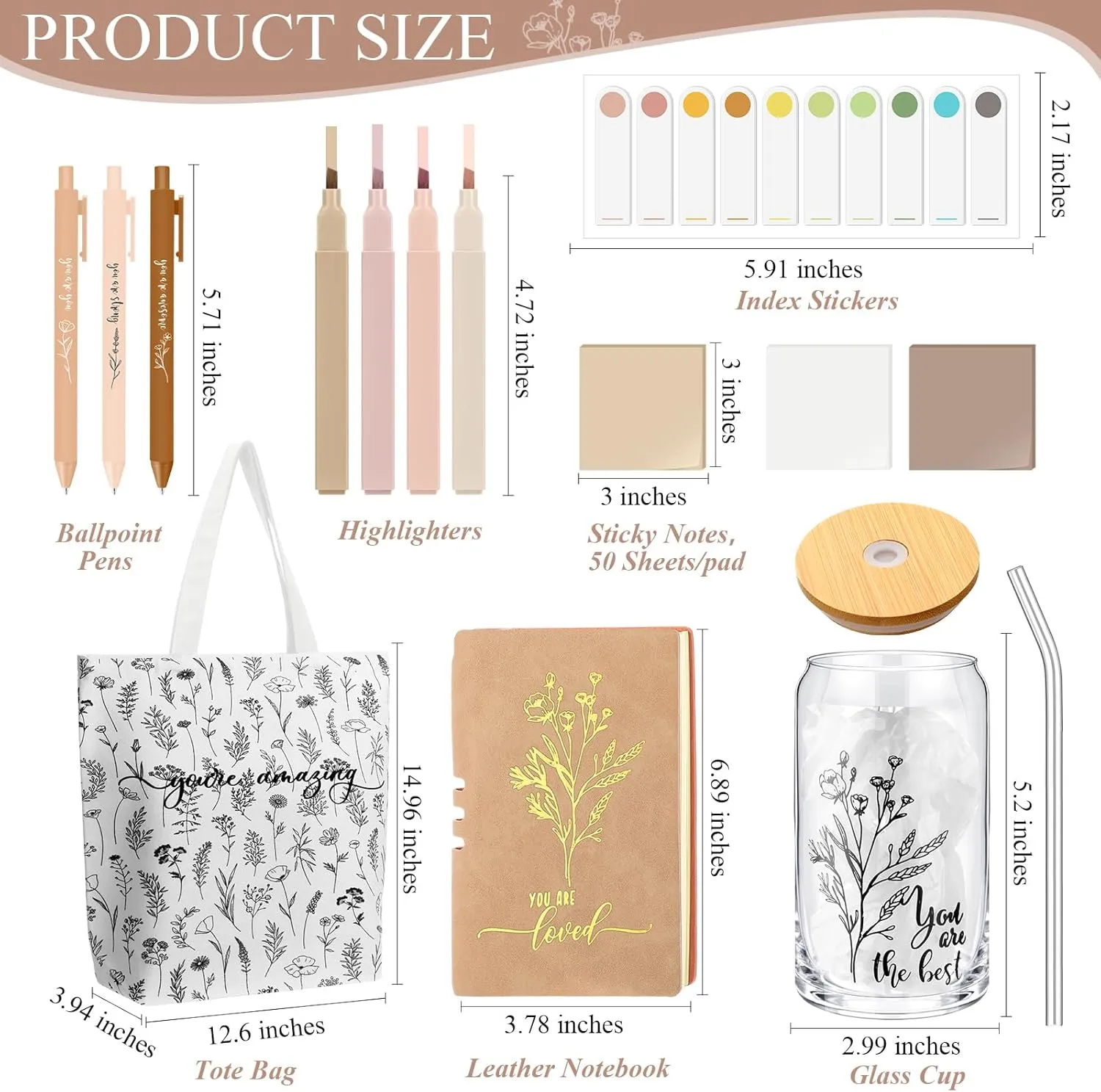 14 Pcs Inspirational Gifts for Women Friends Aesthetic A6 Leather Journal Notebook Glass Cup Canvas Tote Bag Motivational Pens thank you gifts for women empowerment gifts Bestie(White)