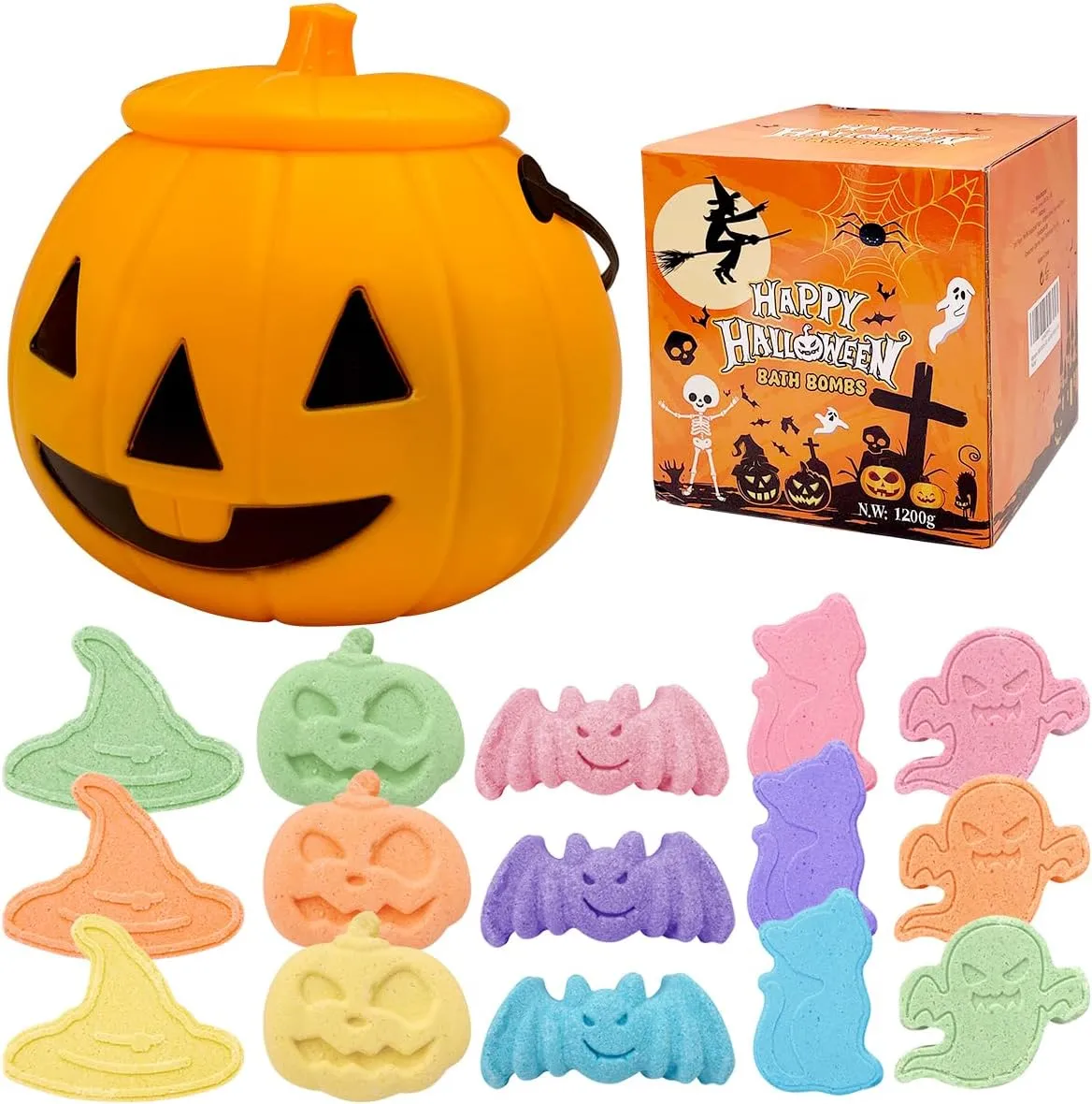 15 Count Halloween Bath Bombs with Pumpkin Bucket, Halloween Spooky Bath Bombs for Kids, Adorable Hallowen Trick o Treat Party Favors for Kids